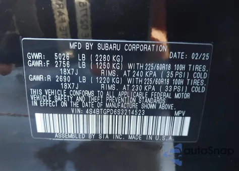 2025 Subaru Outback Touring Xt z USA, uszkodzony, nr VIN 4S4BTGPD6S3214523